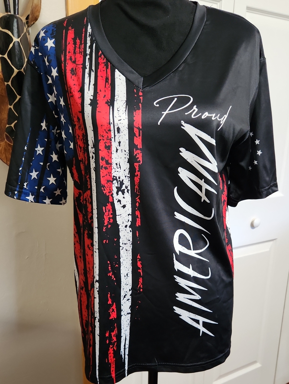 Proud American V-Neck Short Sleeve Tee - Black with Red, White & Blue Accents